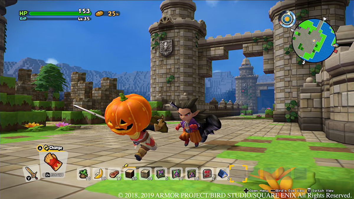 Screenshot from Dragon Quest Builders 2 featuring the main character running along with a side character.