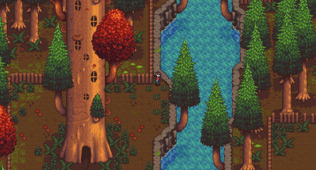 Screenshot from the game Haunted Chocolatier, featuring some trees, a river, and a character.