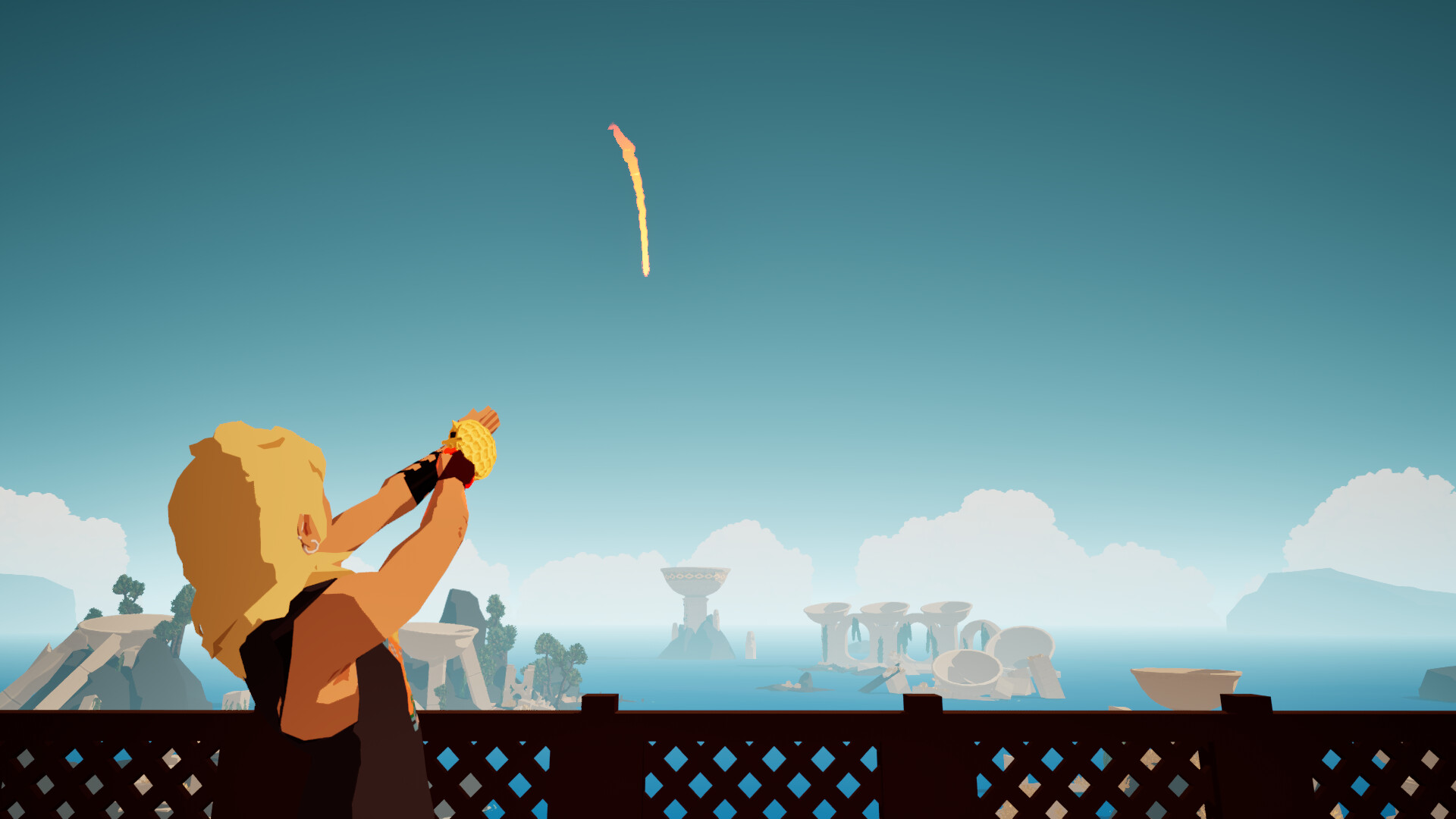 Screenshot from the game Many Nights a Whisper, where the protagonist is shooting an arrow at a big chalice.
