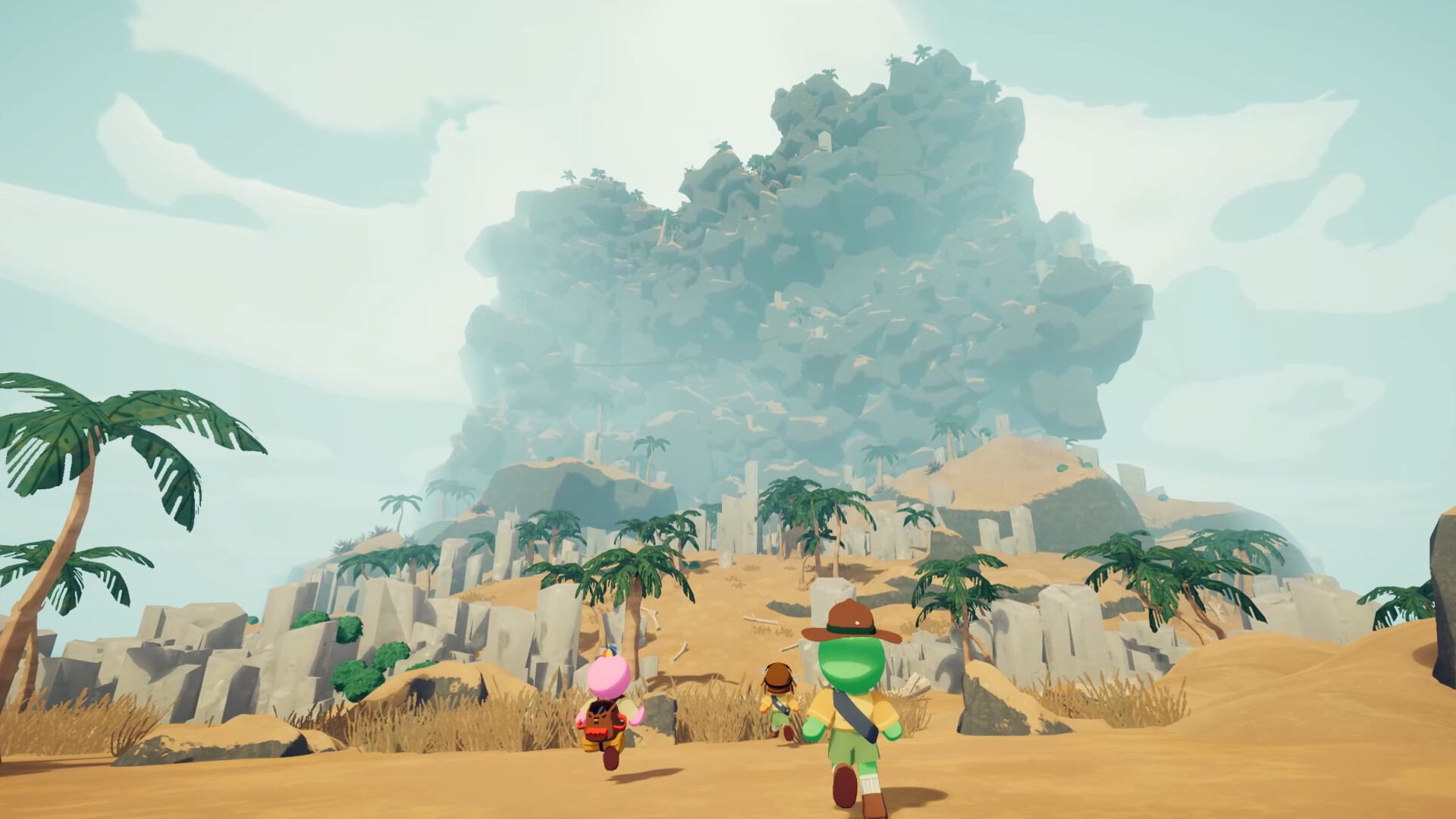 Screenshot from the game PEAK where 3 scouts are staring at a big mountain.