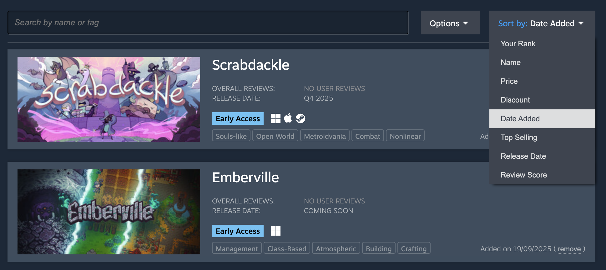 A screenshot of the steam wishlist, with a sorting option by date selected