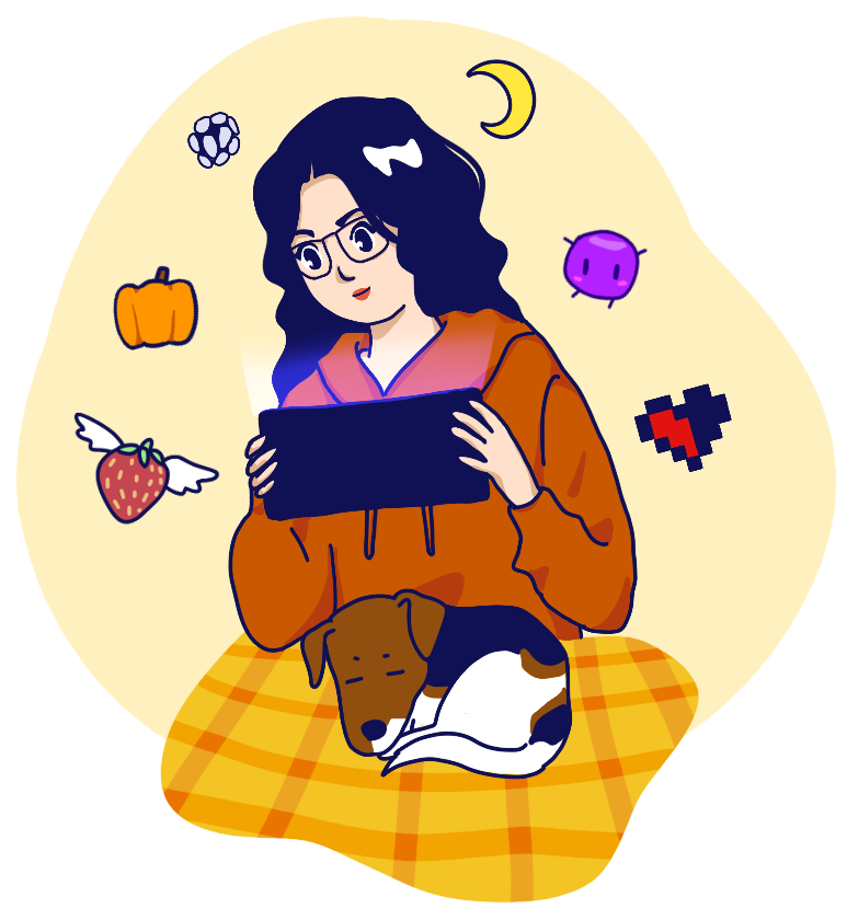 Illustration of a woman playing on the steam deck with a dog