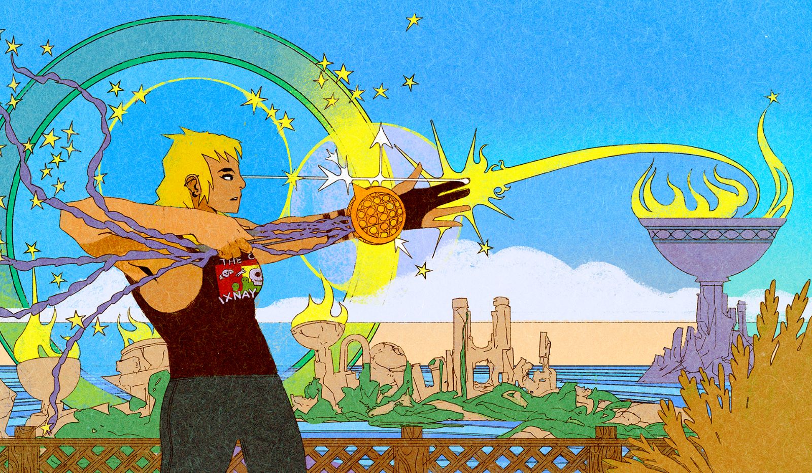 Key art of the game Many Nights a Whisper, featuring the Dreamer shooting a fiery arrow