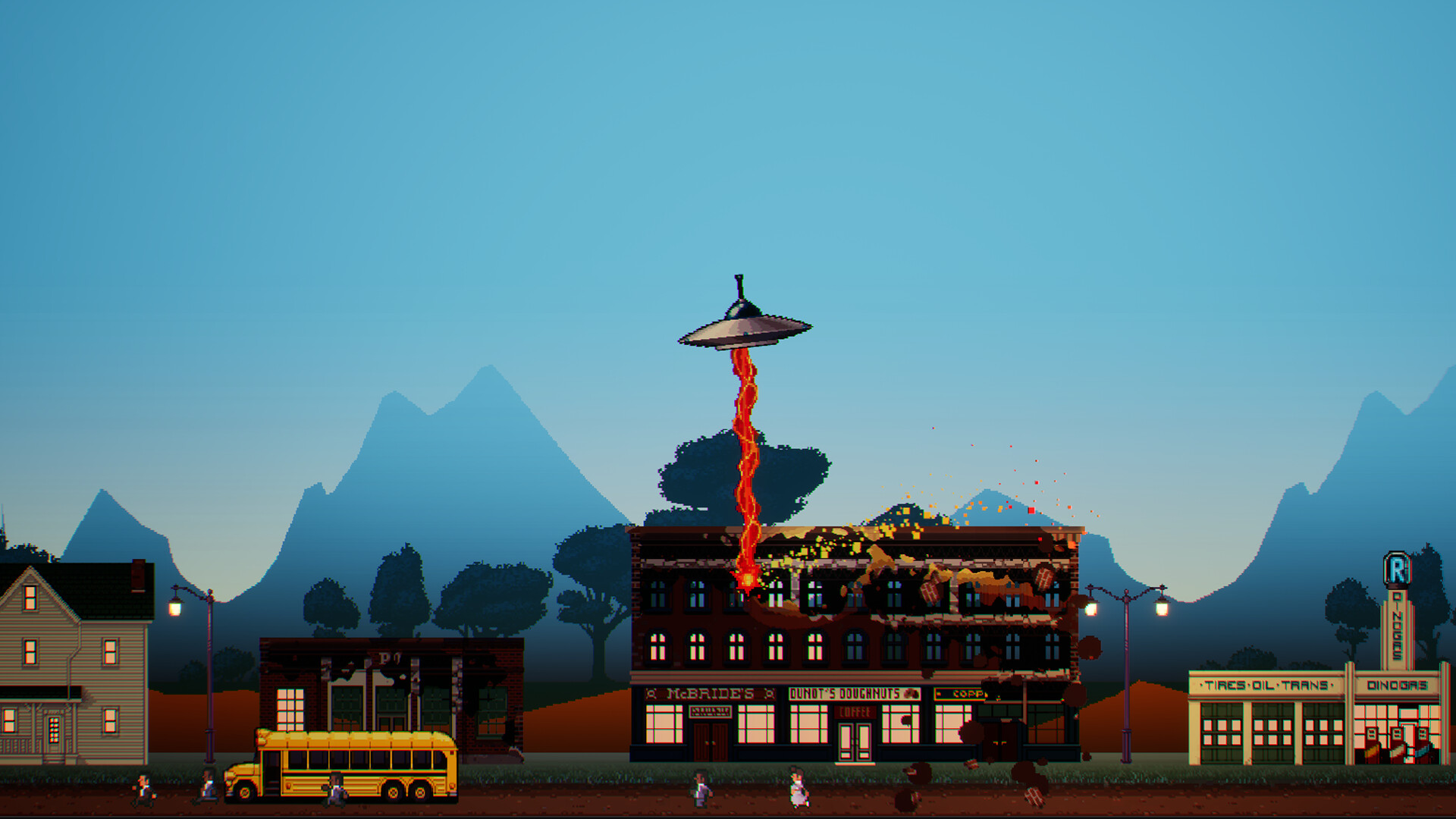 Screenshot from the game where a UFO is blasting a building and people are running away.