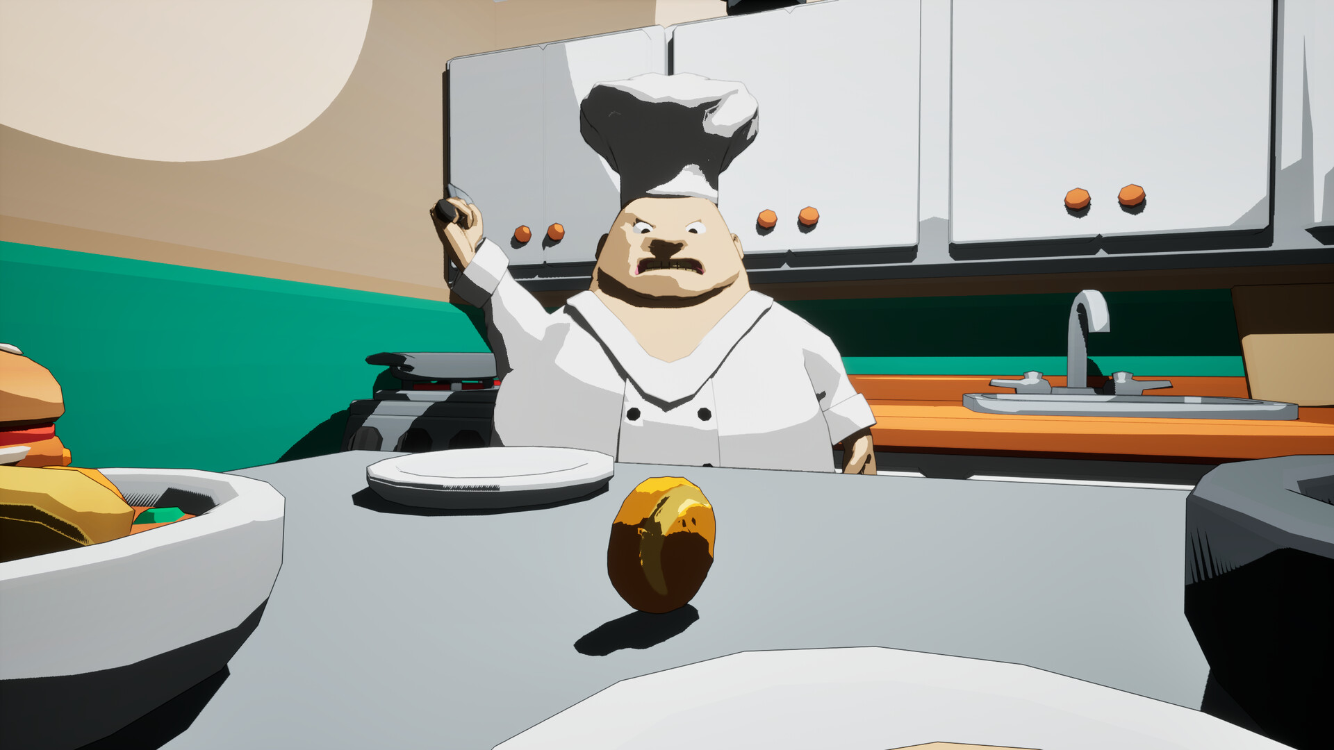 Screenshot of the game palianytsia, where there's a chef holding a knife towards a bread.