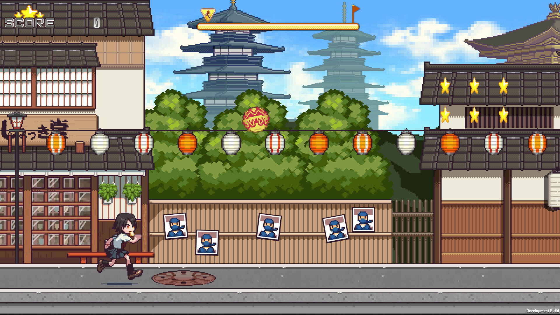 Screenshot from the game where a student girl runs on a japanese street, with temples in the background.