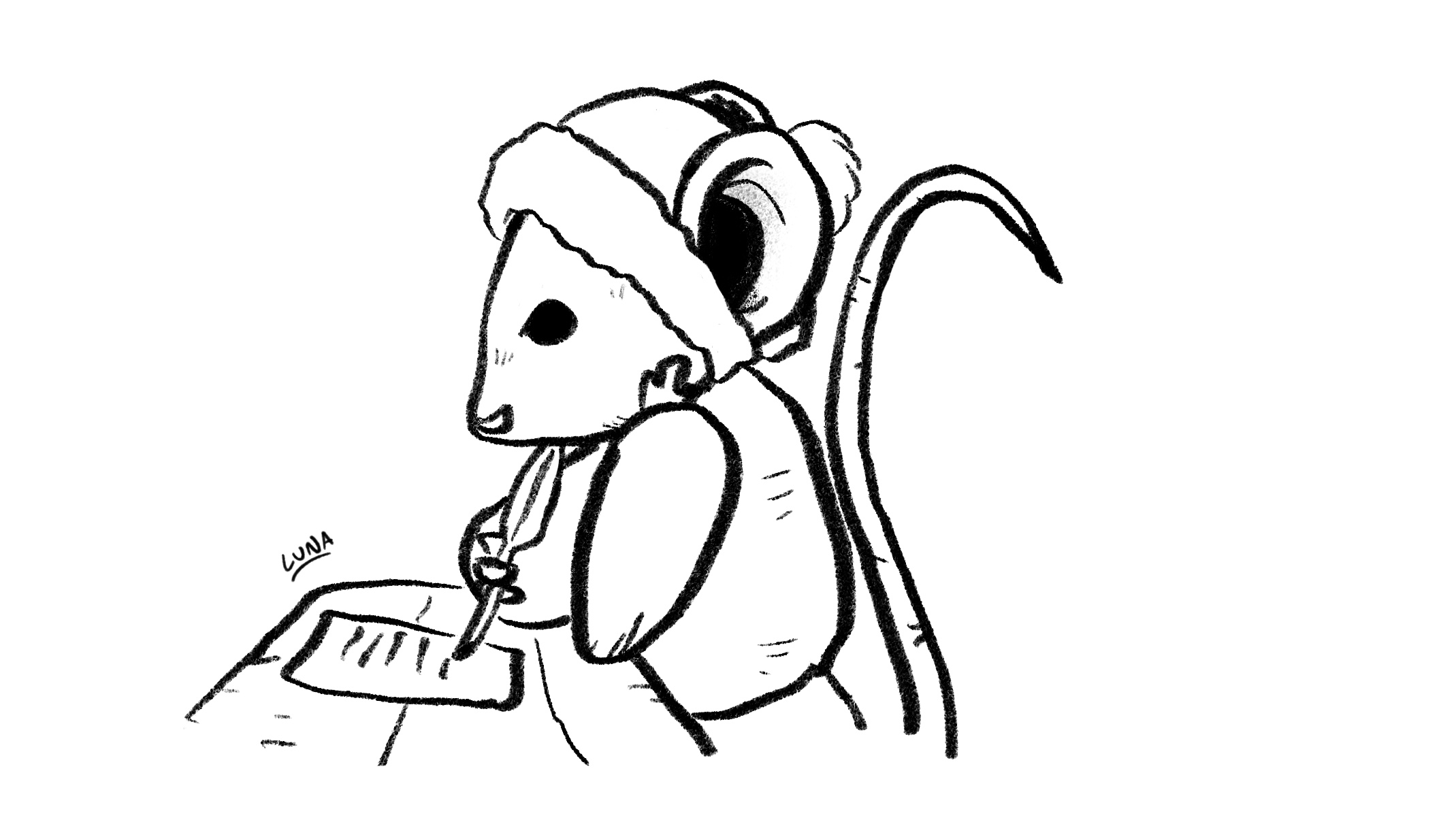 Drawing of a mouse writing with a quill