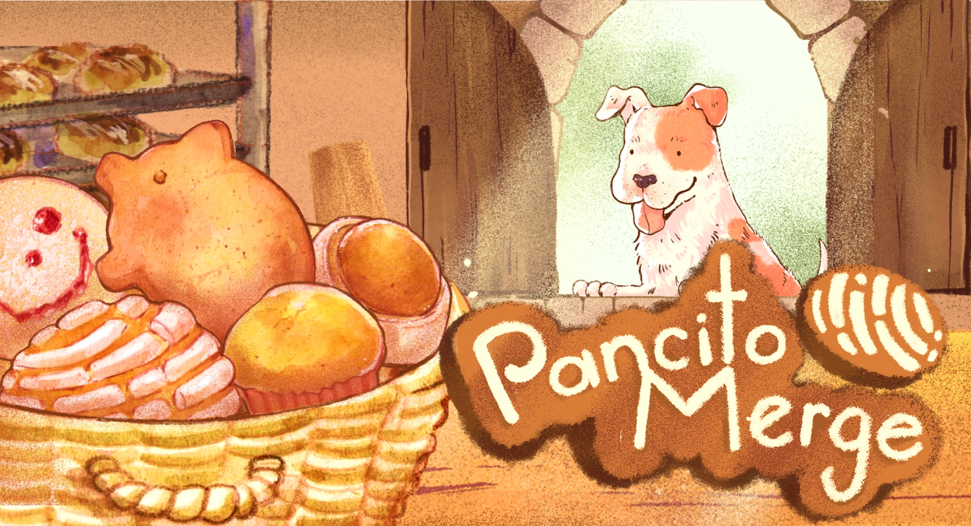 Cover of PancitoMerge showing a basket of Mexican pastries and the logo of the game.